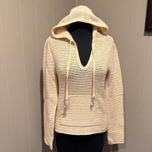 B28 tsesay Medium Elegant Cream Knit Hoodie for Women V Neck Pocket